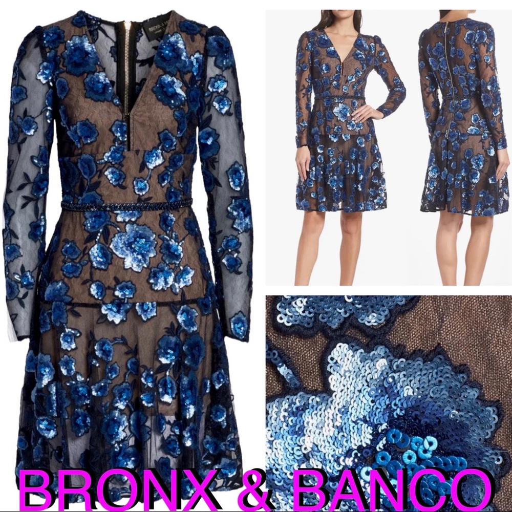 BRONX & BANCO Floral Sequin Saphire Flared dress blue size 2 ( xs)